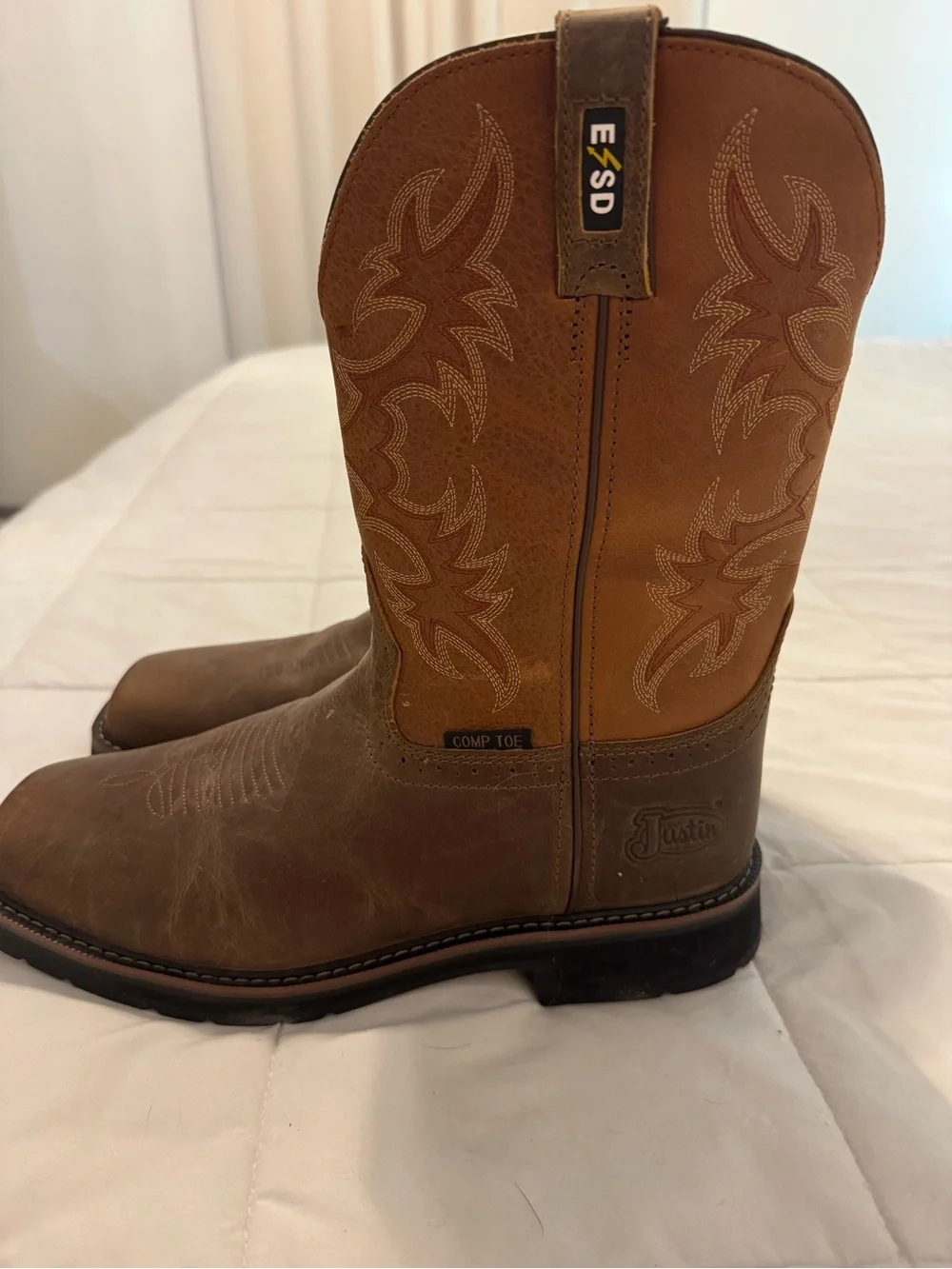 Justin Boots Two-Tone Brown Comp Toe ESD Western Work Boots